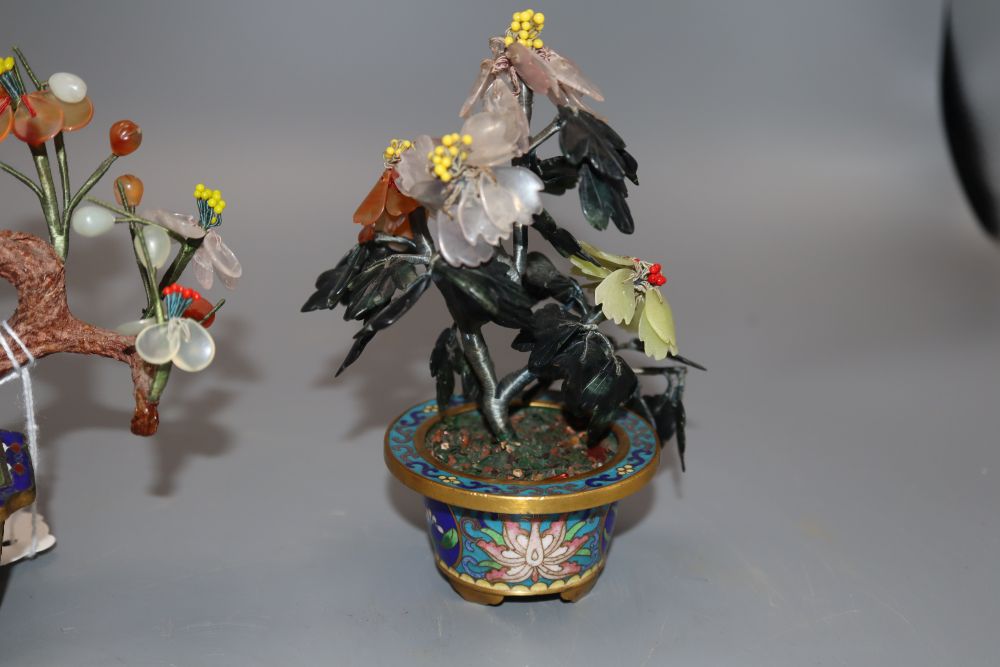 Two Chinese hardstone and cloisonne trees, tallest 14cm